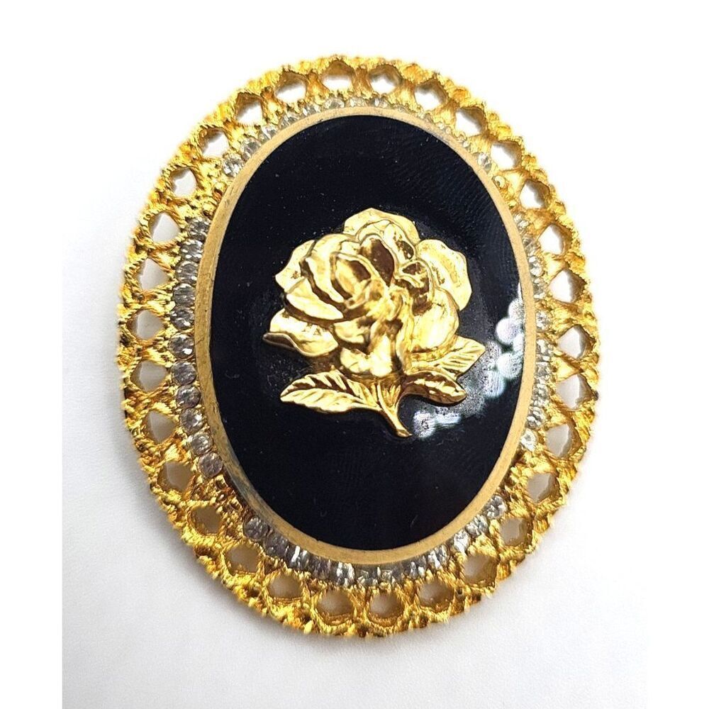Vintage Rose Cameo Celebrity Brooch Pin Crystal Inset 2in